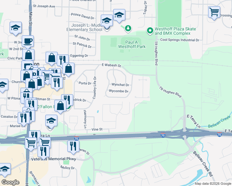 map of restaurants, bars, coffee shops, grocery stores, and more near 525 Wycombe Drive in O'Fallon