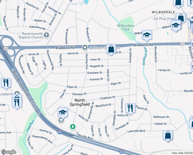 map of restaurants, bars, coffee shops, grocery stores, and more near 7410 Farnum Street in Springfield