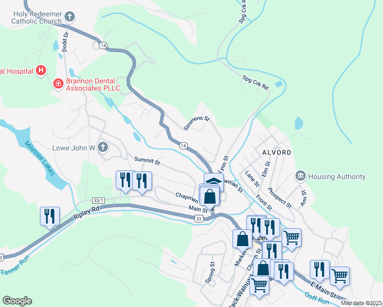 map of restaurants, bars, coffee shops, grocery stores, and more near Simmons Lane in Spencer