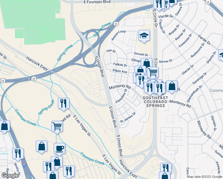 map of restaurants, bars, coffee shops, grocery stores, and more near in Colorado Springs