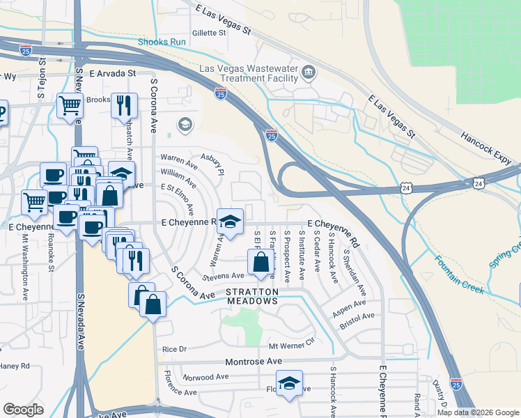 map of restaurants, bars, coffee shops, grocery stores, and more near 1698 Lenmar Drive in Colorado Springs
