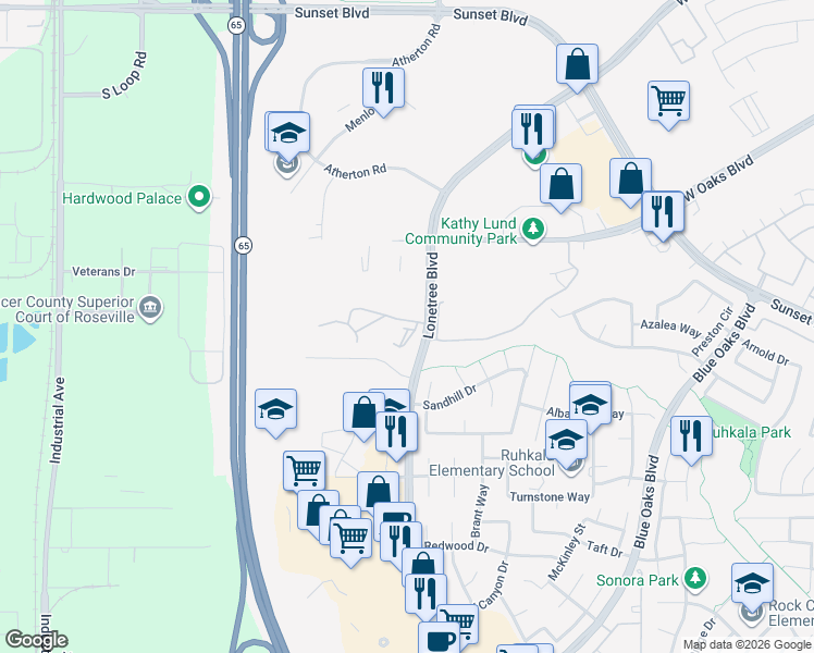 map of restaurants, bars, coffee shops, grocery stores, and more near 6159 Lonetree Boulevard in Rocklin