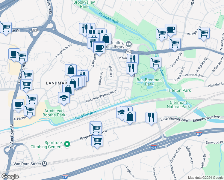 map of restaurants, bars, coffee shops, grocery stores, and more near 261 Cameron Station Boulevard in Alexandria
