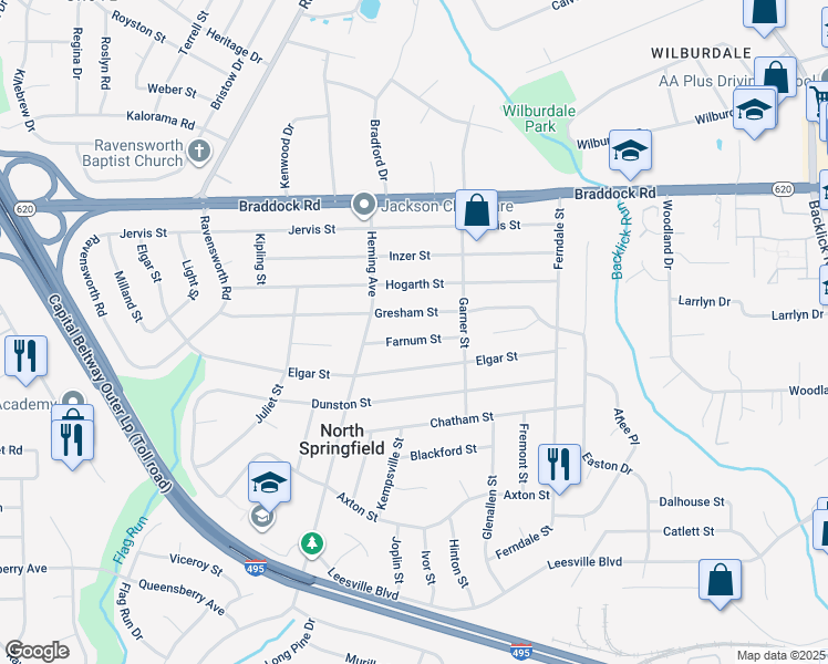 map of restaurants, bars, coffee shops, grocery stores, and more near 7410 Farnum Street in Springfield