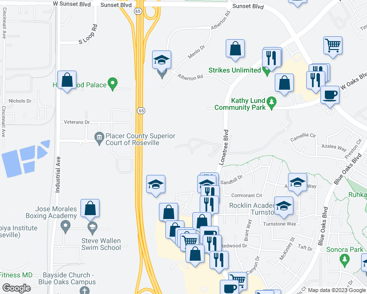 map of restaurants, bars, coffee shops, grocery stores, and more near 6232 Lonetree Boulevard in Rocklin