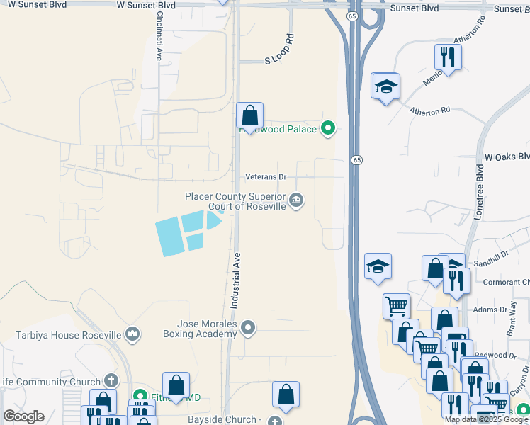 map of restaurants, bars, coffee shops, grocery stores, and more near 10800 Industrial Avenue in Rocklin
