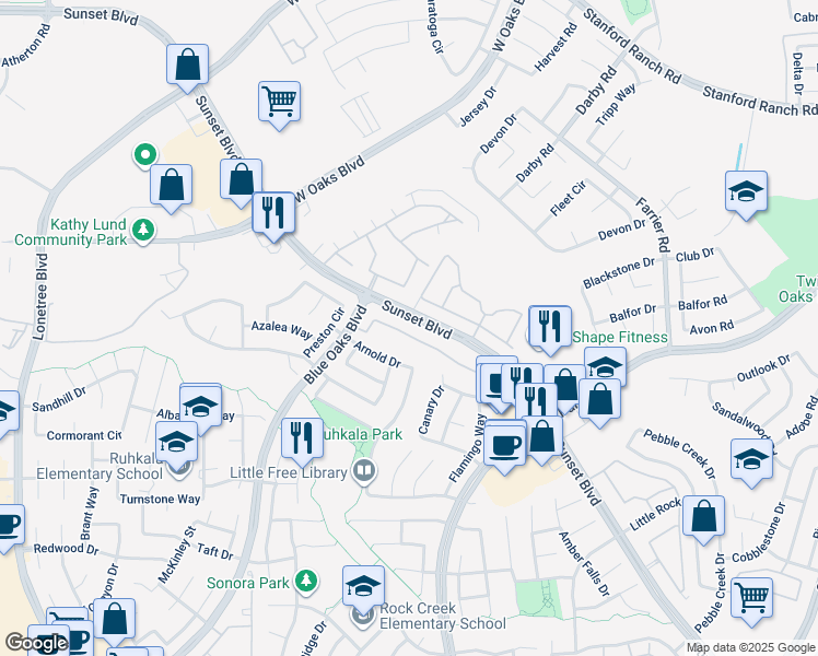 map of restaurants, bars, coffee shops, grocery stores, and more near 1706 Sammy Way in Rocklin