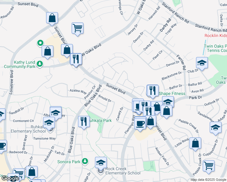 map of restaurants, bars, coffee shops, grocery stores, and more near 1708 Sammy Way in Rocklin