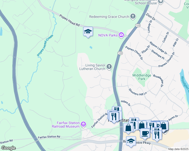 map of restaurants, bars, coffee shops, grocery stores, and more near 11119 Flora Lee Drive in Fairfax Station