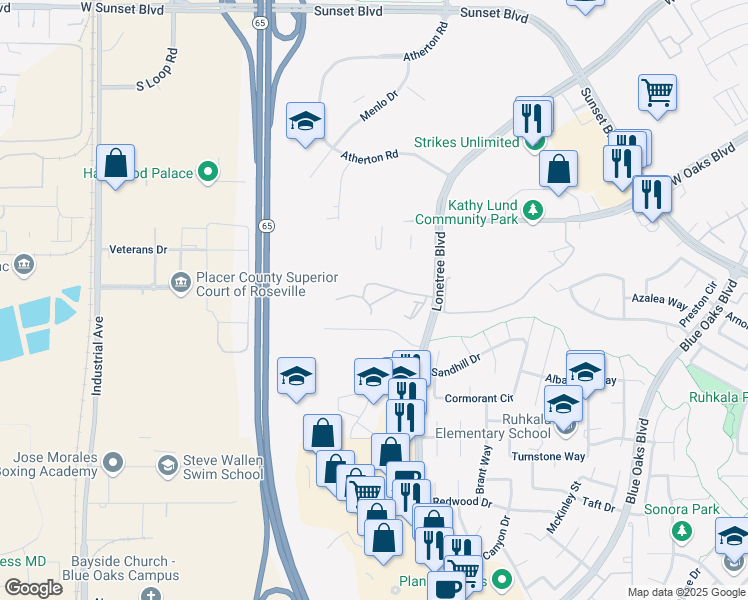 map of restaurants, bars, coffee shops, grocery stores, and more near 6267 Lonetree Boulevard in Rocklin