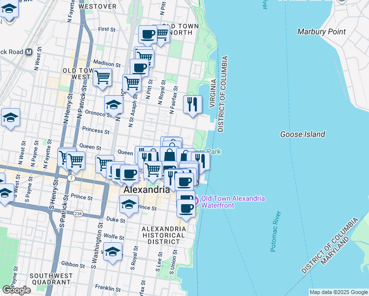 map of restaurants, bars, coffee shops, grocery stores, and more near 114 Princess Street in Alexandria