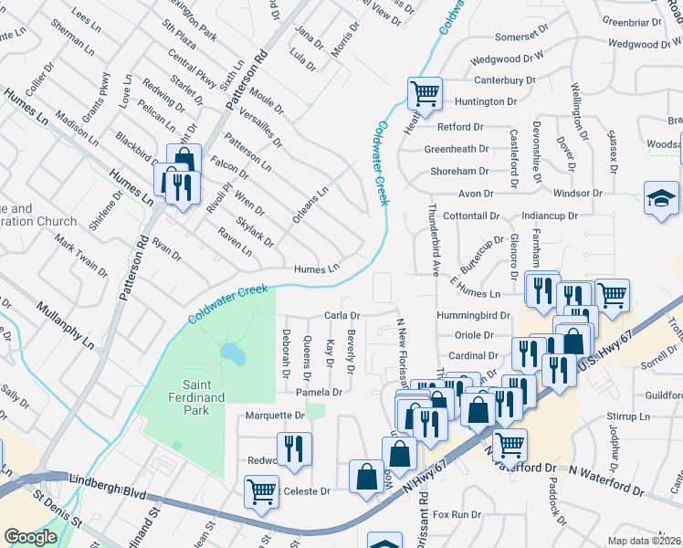 map of restaurants, bars, coffee shops, grocery stores, and more near 130 Humes Lane in Florissant