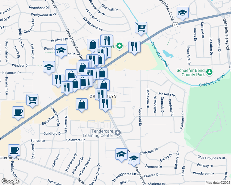 map of restaurants, bars, coffee shops, grocery stores, and more near Cross Keys Drive in Florissant