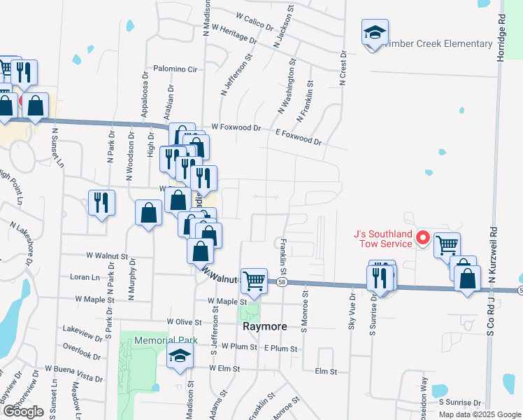 map of restaurants, bars, coffee shops, grocery stores, and more near 260 North Pointe Lane in Raymore