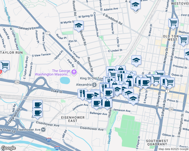 map of restaurants, bars, coffee shops, grocery stores, and more near 5 Russell Road in Alexandria