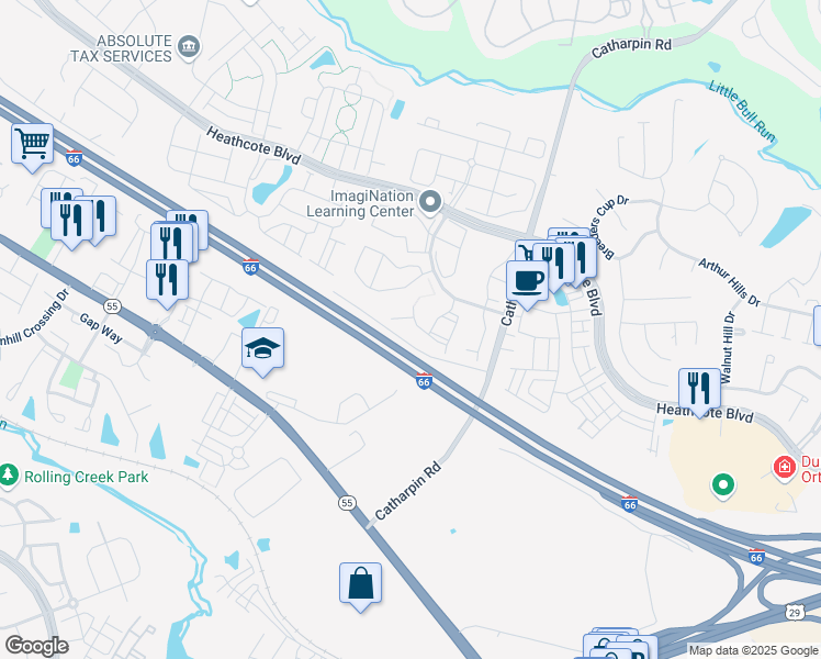 map of restaurants, bars, coffee shops, grocery stores, and more near 6908 Village Stream Place in Gainesville
