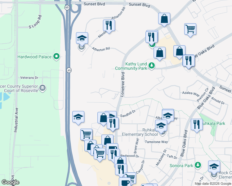 map of restaurants, bars, coffee shops, grocery stores, and more near 6159 Lonetree Boulevard in Rocklin