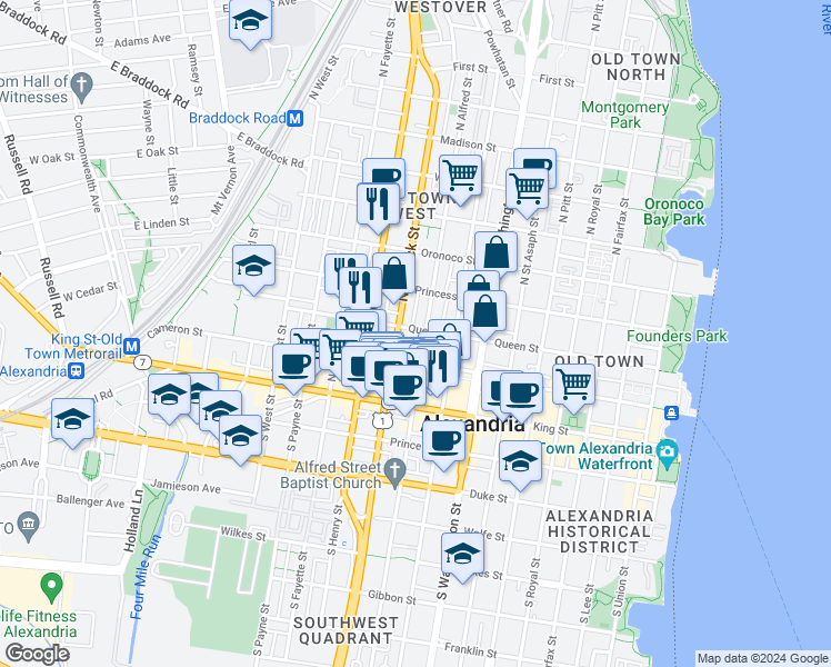 map of restaurants, bars, coffee shops, grocery stores, and more near 906 Queen Street in Alexandria