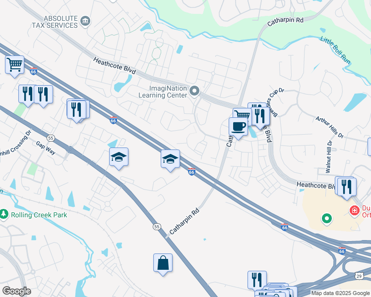 map of restaurants, bars, coffee shops, grocery stores, and more near 6908 Village Stream Place in Gainesville