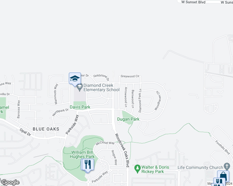 map of restaurants, bars, coffee shops, grocery stores, and more near 1473 Grovewood Lane in Roseville