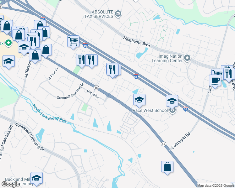 map of restaurants, bars, coffee shops, grocery stores, and more near 14522 John Marshall Highway in Gainesville