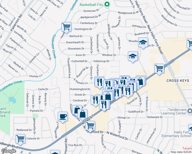 map of restaurants, bars, coffee shops, grocery stores, and more near 2173 Farnham Lane in Florissant