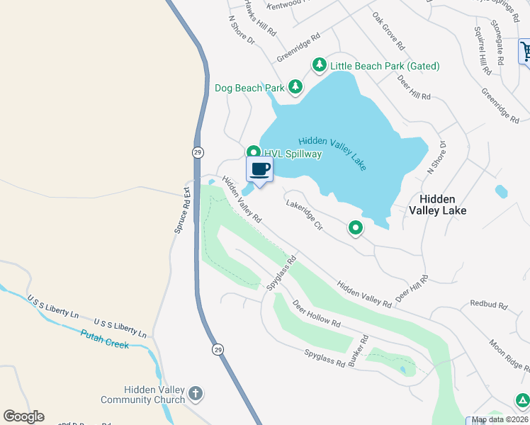 map of restaurants, bars, coffee shops, grocery stores, and more near 18174 Hidden Valley Road in Hidden Valley Lake
