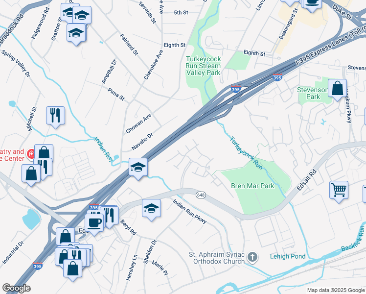 map of restaurants, bars, coffee shops, grocery stores, and more near 5232 Elbetee Lane in Alexandria