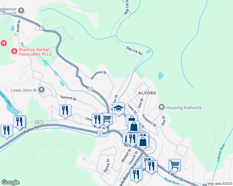 map of restaurants, bars, coffee shops, grocery stores, and more near 249 Lynn Street in Spencer