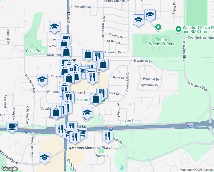 map of restaurants, bars, coffee shops, grocery stores, and more near 122 Country Life Drive in O'Fallon