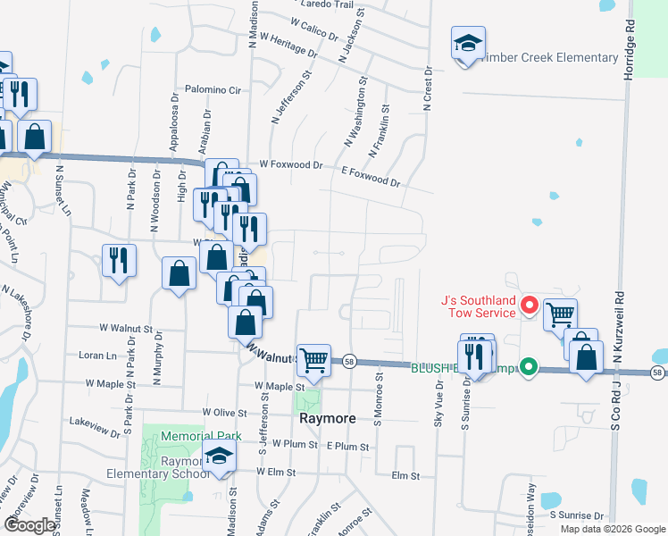 map of restaurants, bars, coffee shops, grocery stores, and more near 107 Amberwood Court in Raymore