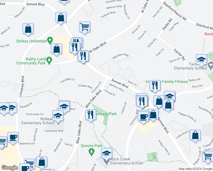 map of restaurants, bars, coffee shops, grocery stores, and more near 2402 Sammy Way in Rocklin