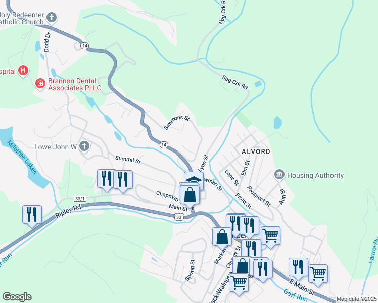 map of restaurants, bars, coffee shops, grocery stores, and more near Simmons Lane in Spencer