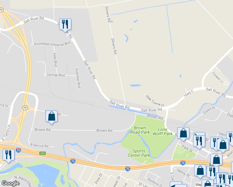 map of restaurants, bars, coffee shops, grocery stores, and more near 1451 Silvers Road in St. Peters