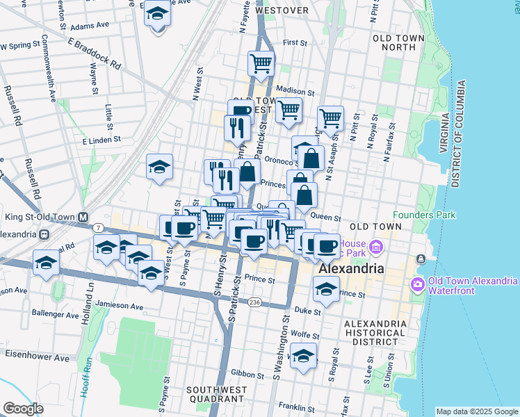 map of restaurants, bars, coffee shops, grocery stores, and more near 906 Queen Street in Alexandria