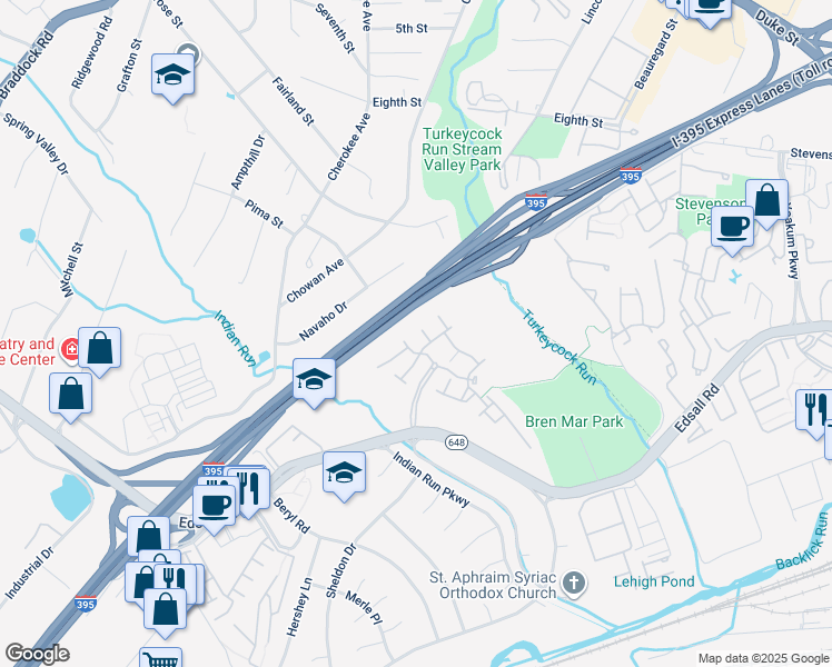 map of restaurants, bars, coffee shops, grocery stores, and more near 5232 Elbetee Lane in Alexandria