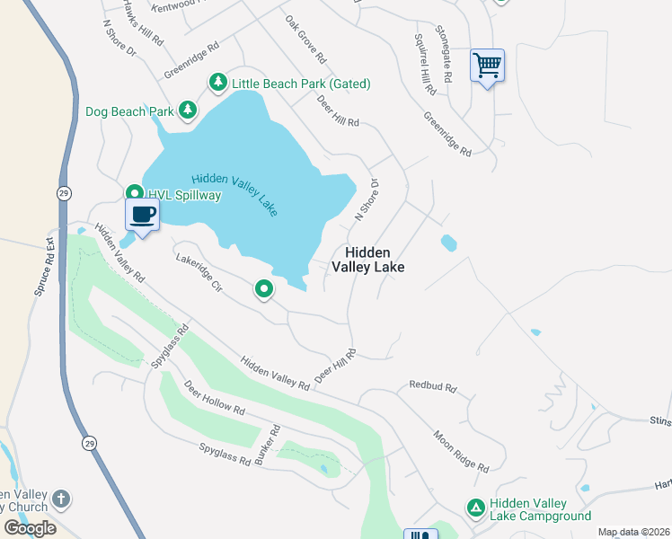 map of restaurants, bars, coffee shops, grocery stores, and more near 19246 North Shore Court in Hidden Valley Lake