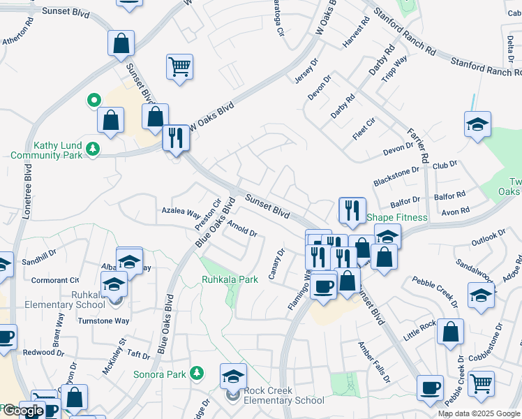 map of restaurants, bars, coffee shops, grocery stores, and more near 1108 Sammy Way in Rocklin