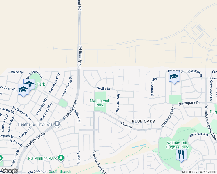 map of restaurants, bars, coffee shops, grocery stores, and more near 1736 Sevilla Drive in Roseville