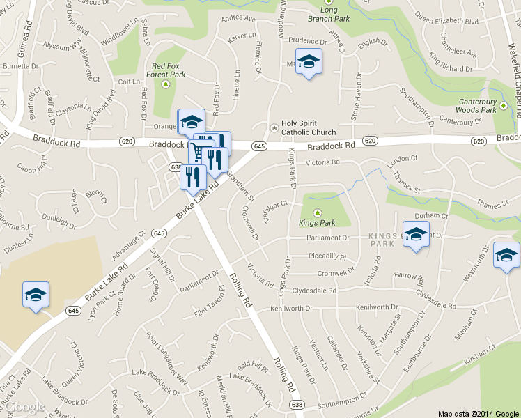 map of restaurants, bars, coffee shops, grocery stores, and more near 8812 Trafalgar Court in Springfield