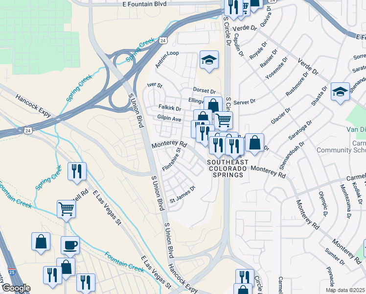 map of restaurants, bars, coffee shops, grocery stores, and more near 1578 Monterey Road in Colorado Springs