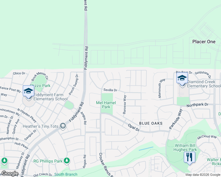 map of restaurants, bars, coffee shops, grocery stores, and more near 1768 Sevilla Drive in Roseville