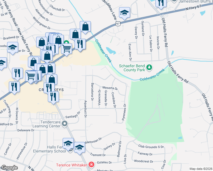 map of restaurants, bars, coffee shops, grocery stores, and more near 3580 Parc Chateau Lane in Florissant