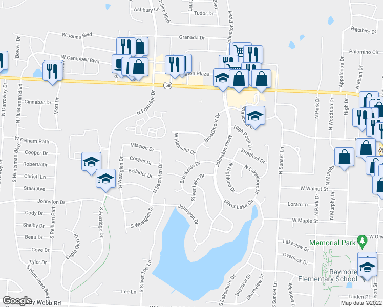 map of restaurants, bars, coffee shops, grocery stores, and more near 1113 West Pleasant Drive in Raymore