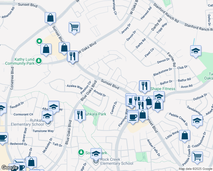 map of restaurants, bars, coffee shops, grocery stores, and more near 1808 Sammy Way in Rocklin