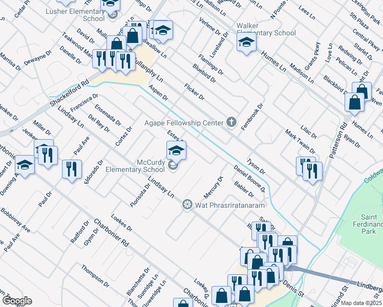 map of restaurants, bars, coffee shops, grocery stores, and more near 1140 Estes Drive in Florissant