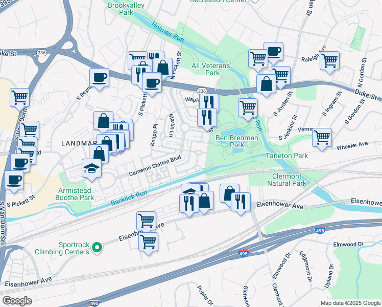 map of restaurants, bars, coffee shops, grocery stores, and more near 4924 Donovan Drive in Alexandria
