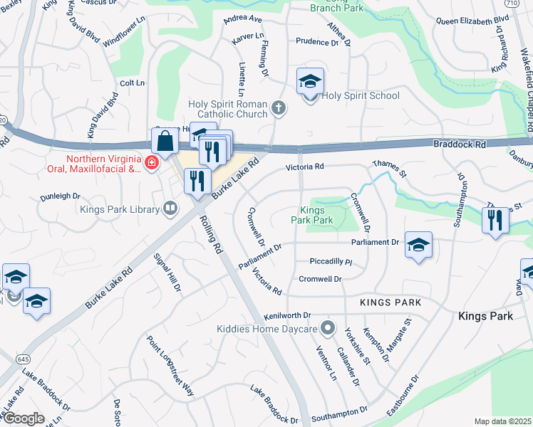 map of restaurants, bars, coffee shops, grocery stores, and more near 8812 Trafalgar Court in Springfield