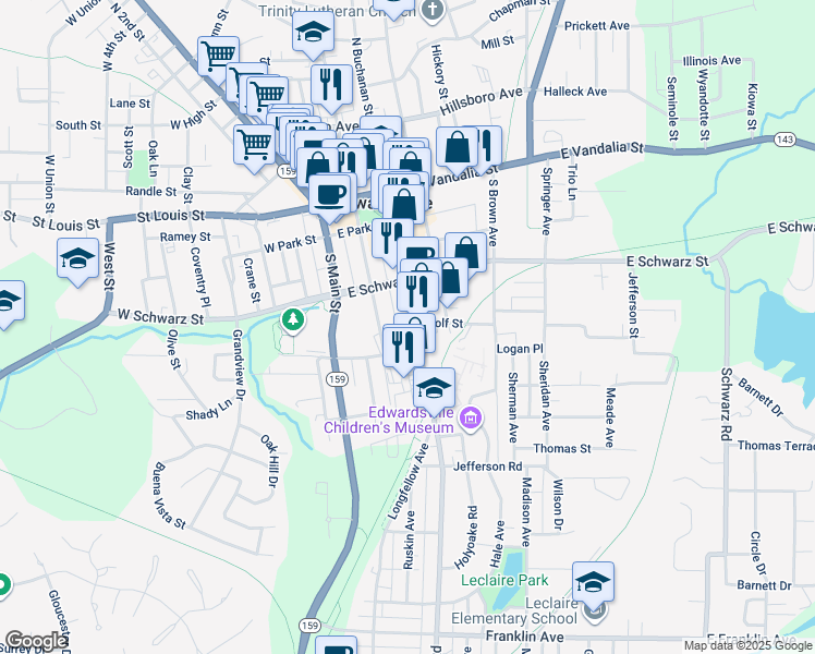 map of restaurants, bars, coffee shops, grocery stores, and more near 326 South Buchanan Street in Edwardsville