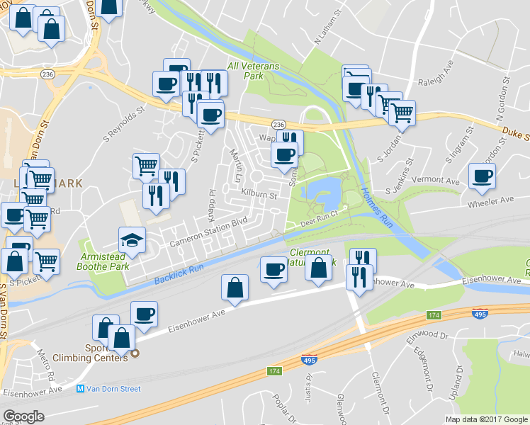 map of restaurants, bars, coffee shops, grocery stores, and more near 4924 Donovan Drive in Alexandria